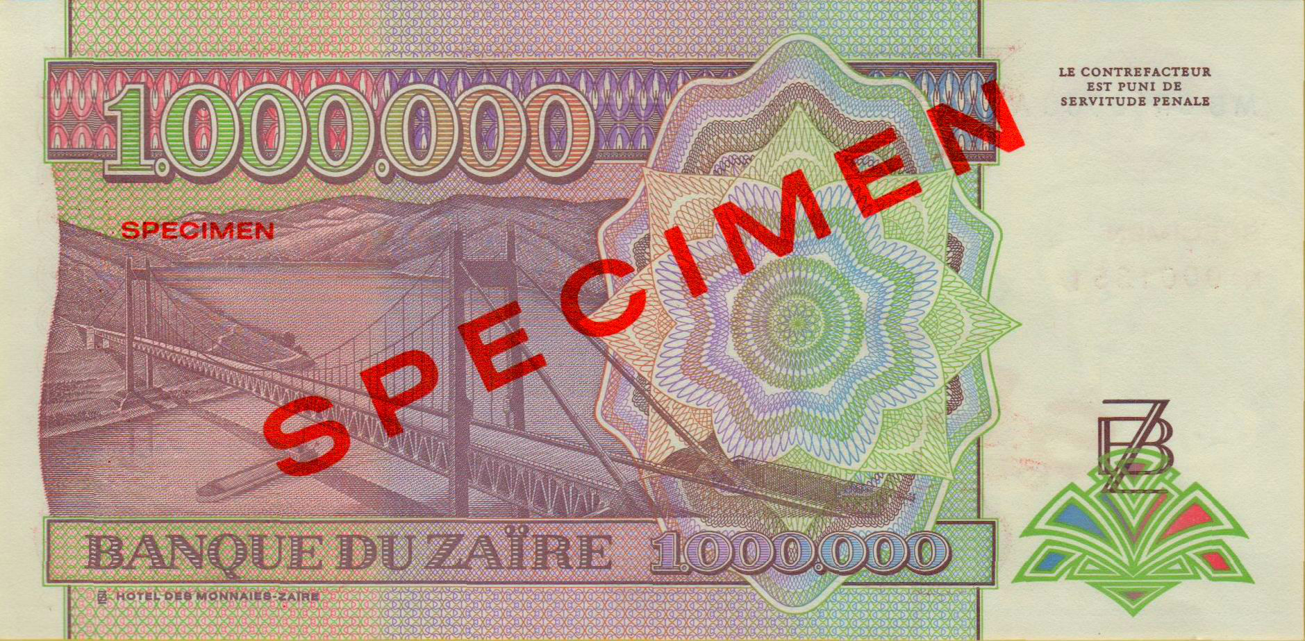 Zaire 1000000 1993 UNC P-45/aS [Specimen]